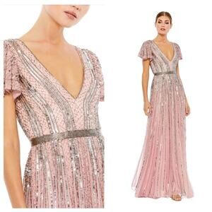 NWT MAC DUGGAL Rose Stripe Sequin V-Neck Beaded Belted Maxi Gown Women’s